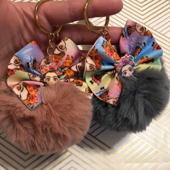 Frida Kahlo Cartoon Bow Soft Faux Fur Pom Pom Charm Ball Keychain Accessory - Picture 1 of 7